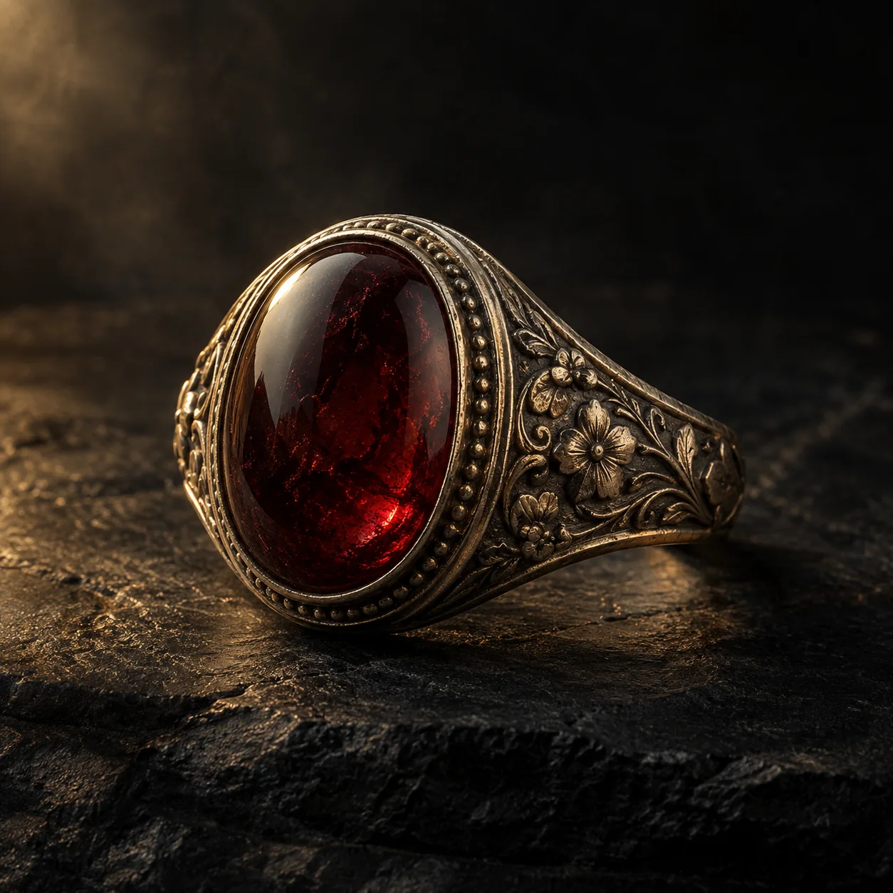 Engraved ring with a deep red cabochon — original concept image