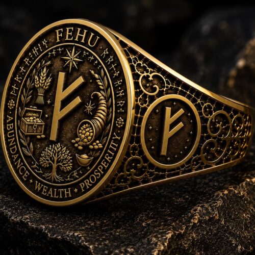Khodam Djinn 18K Solid Gold Fehu Rune Ring, Viking Prosperity Talisman, Norse Wealth Symbol Ring, Rune Signet Ring, Abundance Jewelry for Men 1 خاتم رون فيهو من ذهب 18 قيراط — Khodam Djinn — Khodam Djinn