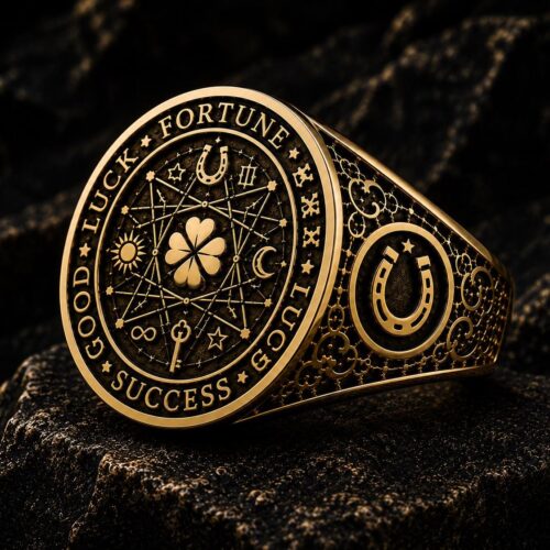 Khodam Djinn 18K Solid Gold Good Luck Ring, Fortune Talisman Ring, Lucky Clover & Horseshoe Signet, Prosperity Amulet, Mystical Gold Jewelry 1 خاتم الحظ من ذهب 18 قيراط — Khodam Djinn — Khodam Djinn